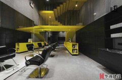 經(jīng)典美發(fā)店裝修案例，黑黃顏色搭配層迭空間